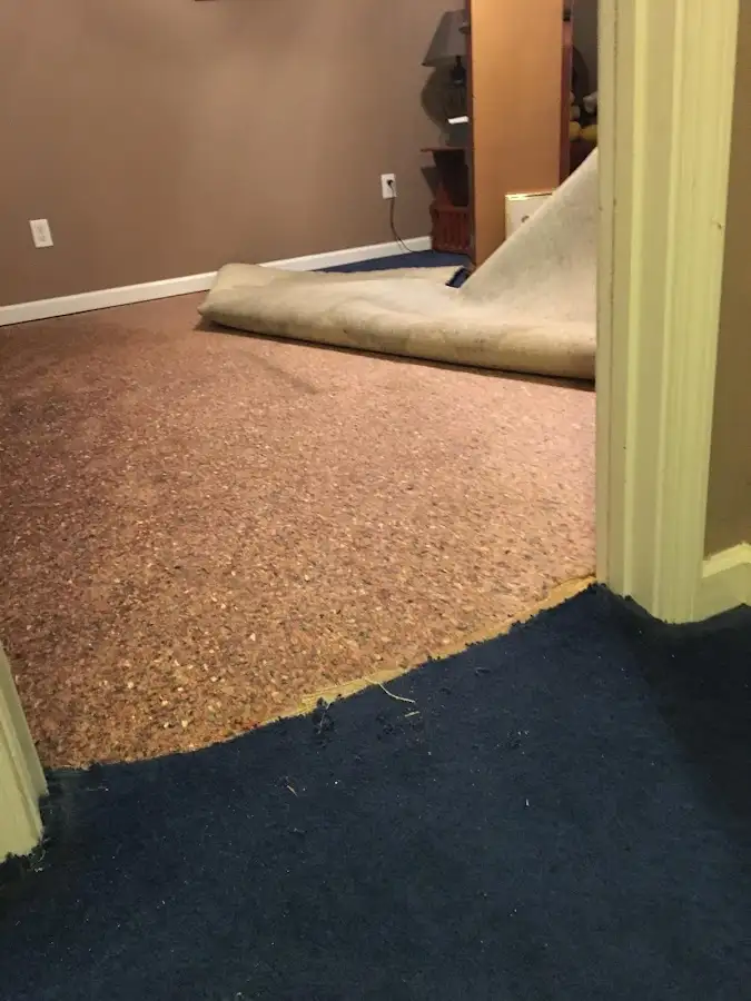 Carpet pad removal revealing water damage during Water Mitigation Services in Houma